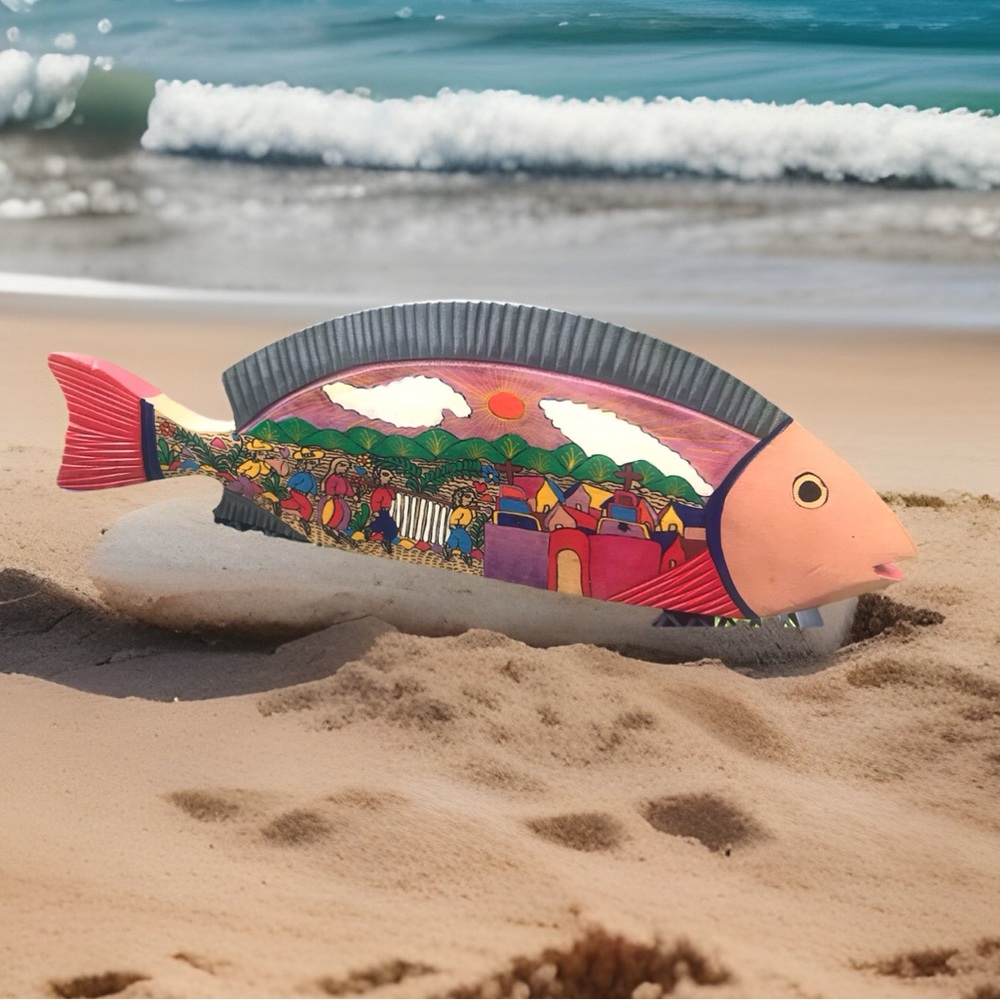 Vibrant Hand-Painted Mexican Folk Art Fish – 17”x6” – Double-Sided – EUC stands